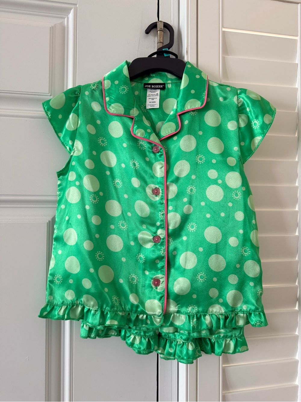 Joe Boxer Green Polka Dot Satin Pajama Set with Pink Trim